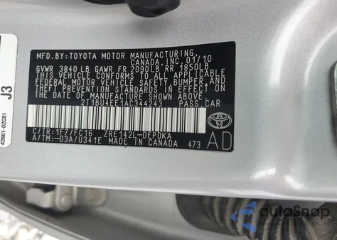2010 Toyota Corolla Base z USA, uszkodzony, nr VIN 2T1BU4EE1AC344243